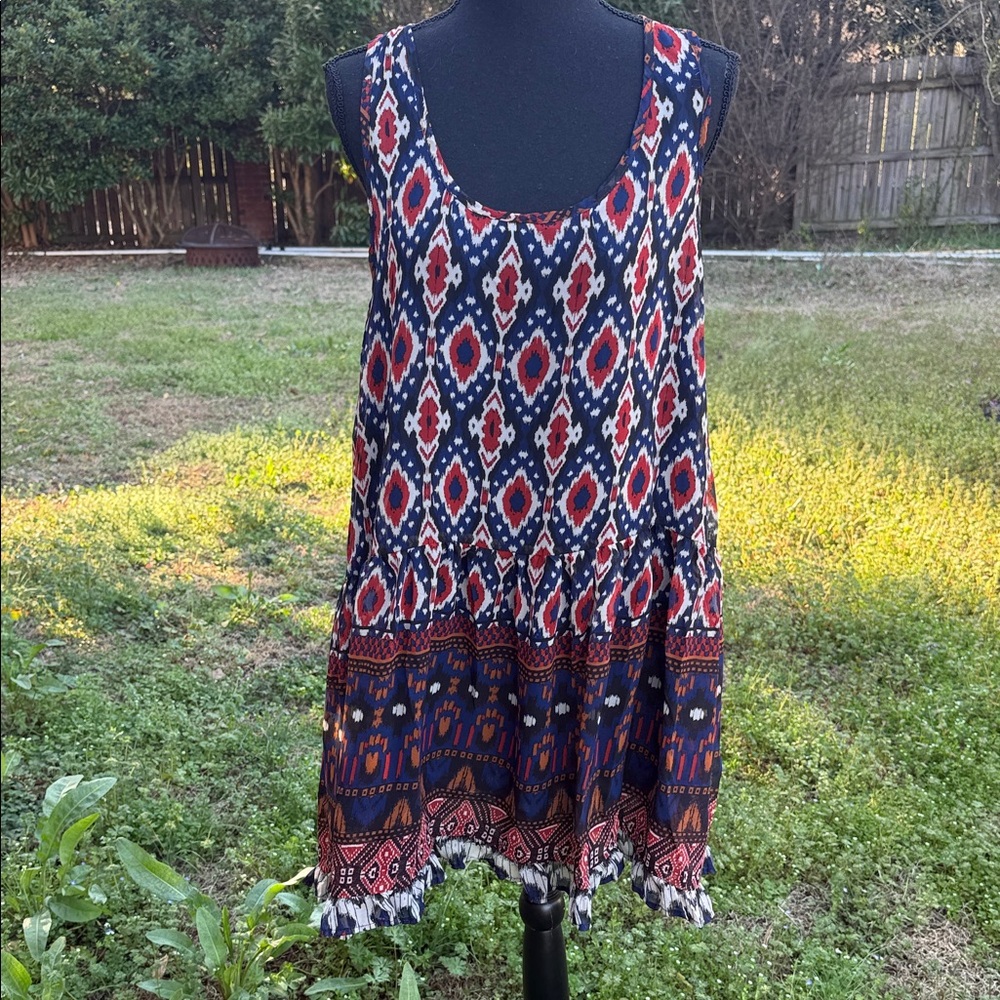 Hayden Tribal Ikat Diamond Print Sleeveless Mini Dress Boho Navy Red Lined Sz XL